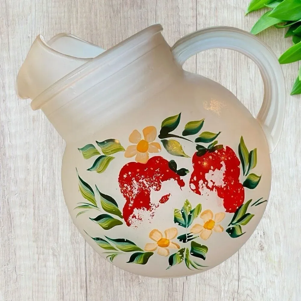 Vntg Hand Painted Strawberries Frosted Glass Juice Set 1950s Mid Century Modern